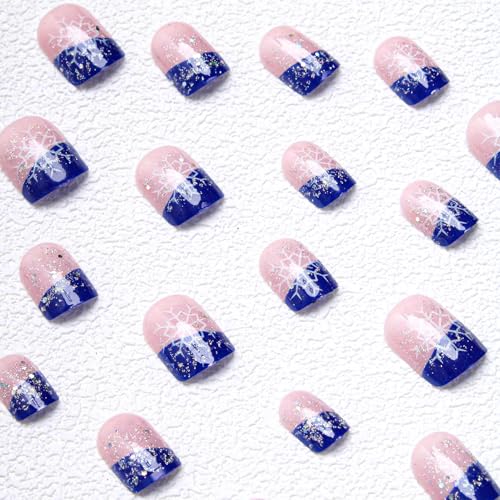 Christmas Press on Nails Square Fake Nails Snowflake Glitter Blue French Tip