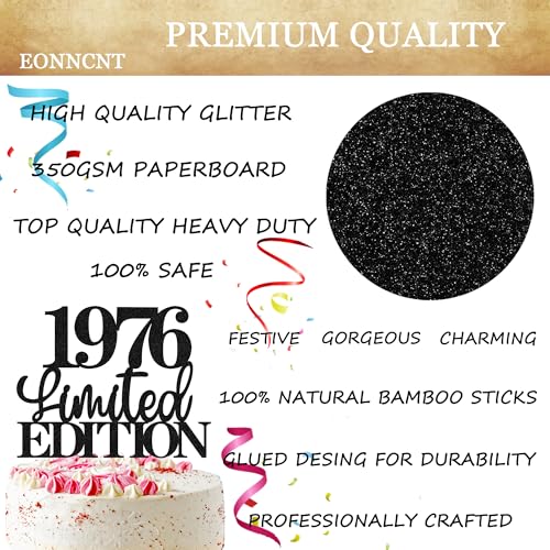 EONNCNT Limited EDITION 1976 Cake Topper Black Glitter 50th Birthday Decor