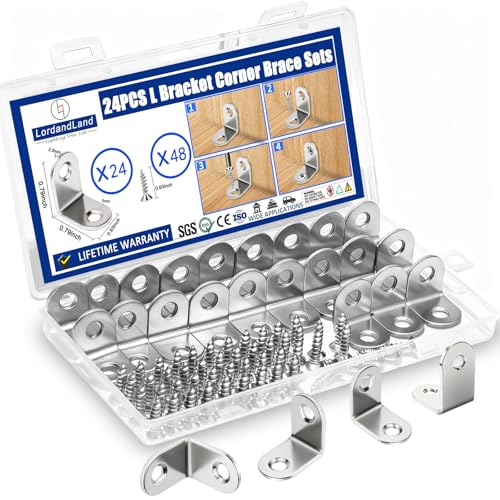 Stainless Steel L Brackets for Shelves – Corner Reinforcement Braces, 24 Pack with Screws