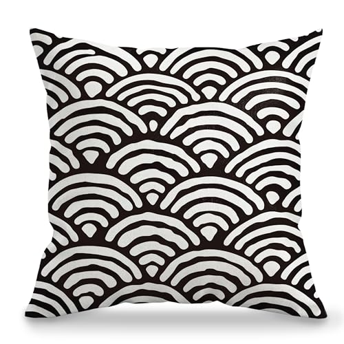 BILLAION Japanese Seigaiha Wave Throw Pillow Cover, 18x18 Black and White-01
