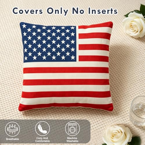4th of July Patriotic Throw Pillow Cover - 18x18 Inch Tufted Flag Design