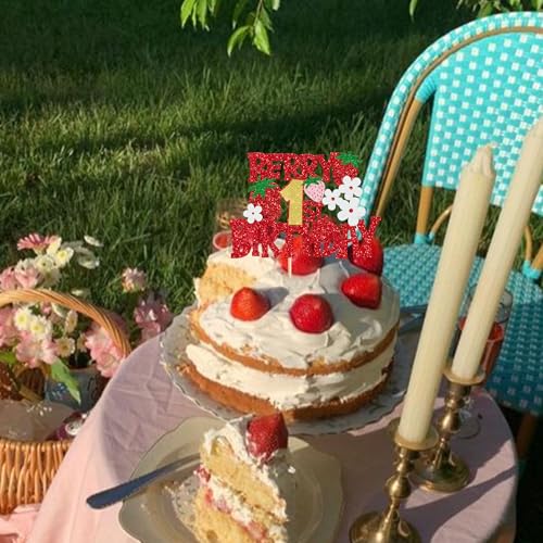 Berry 1st Birthday Cake Topper Red Glitter Strawberry Party Decor