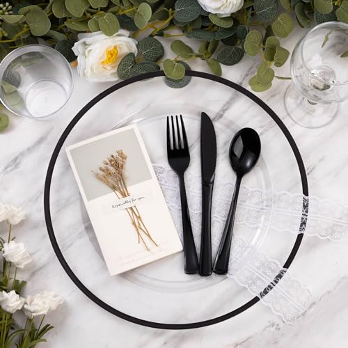 100 Pack 12-Inch Clear Charger Plates with Black Rim - Elegant Disposable Tableware
