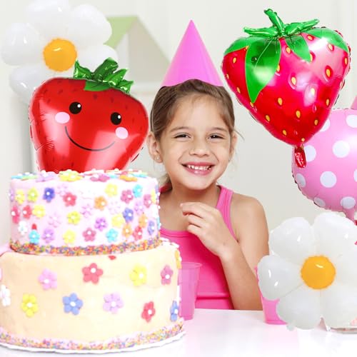 3rd Birthday Decorations for Girls - Strawberry & Daisy Balloons Set