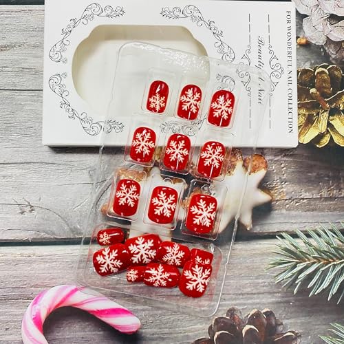 Christmas Press on Nails Short Square False Nails Red Snowflake Design