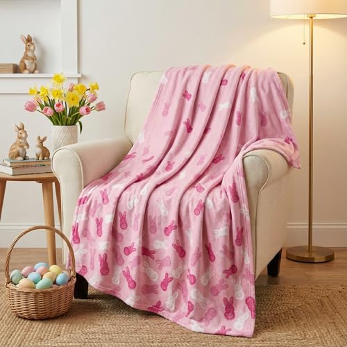 Horaldaily Pink Bunny Flannel Throw Blanket, Soft Plush Fleece 50x60 Inch