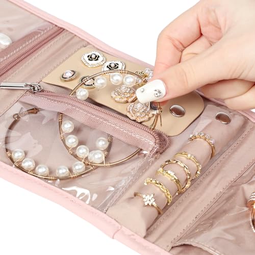 BELALIFE Pink Travel Jewelry Case - Compact Organizer Roll for Accessories