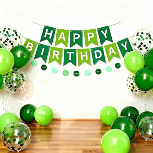 Green Happy Birthday Decorations Set with Banner, Garland, and 14 Balloons