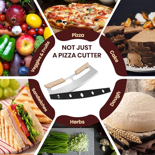 Gicyiit 14-Inch Stainless Steel Rocker Pizza Cutter with Wooden Handle, Sharp & Safe Kitchen Tool