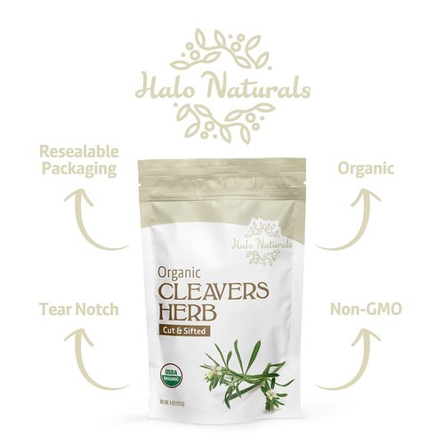 Halo Naturals Organic Cleavers Herb Cut & Sifted, 4 Ounces (Galium aparine) USDA Certified | Resealable Pouch| Packaged in The USA
