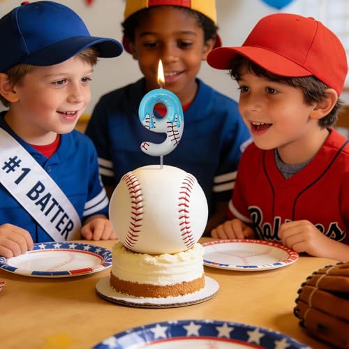 Number 9 Baseball Birthday Candle - Blue Ice Cream Drip Cake Topper