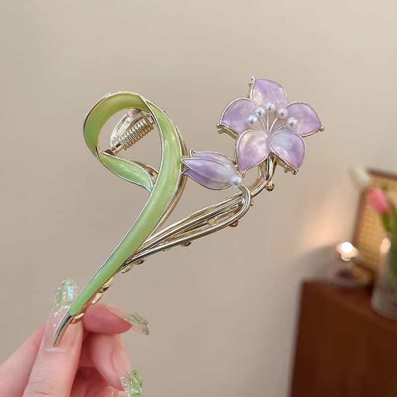 Purple Lily Metal Hair Claw Clip - Large Non-Slip Strong Hold Barrette