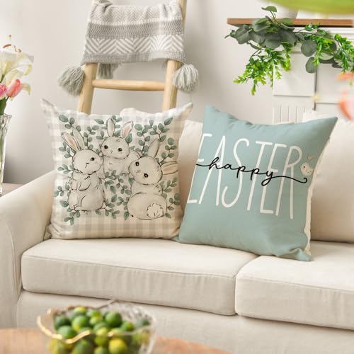 Happy Easter Buffalo Plaid Rabbit Throw Pillow Cover - 18x18