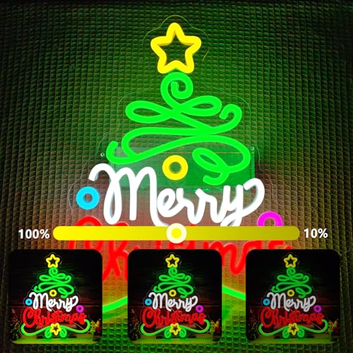 Merry Christmas Neon Sign - Christmas Tree Dimmable Wall Decor for Holiday & Family