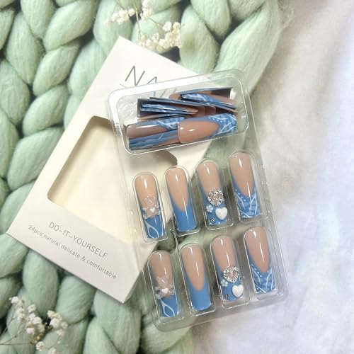 Long Blue French Press On Nails with Heart and Pearl Rhinestones