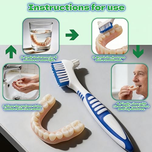 Denture Brush 2-Pack Dual Head Cleaner with Angled Bristles and Non-Slip Handle