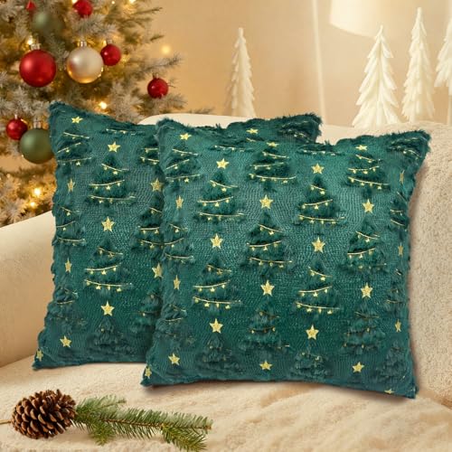Green Christmas Pillow Covers 18x18 inch Set of 2 - Soft Plush Decor