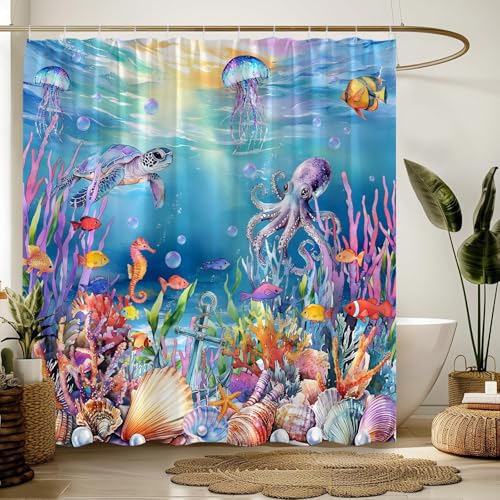 Coastal Ocean Shower Curtain - Turtle, Octopus & Jellyfish Design, 70" x 70"