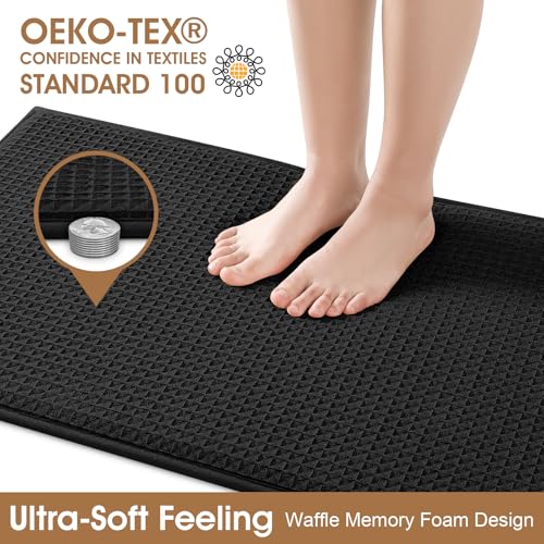 ACCUMTEK Memory Foam Bath Mat - Absorbent Waffle Weave Rug, 24" x 17", Black