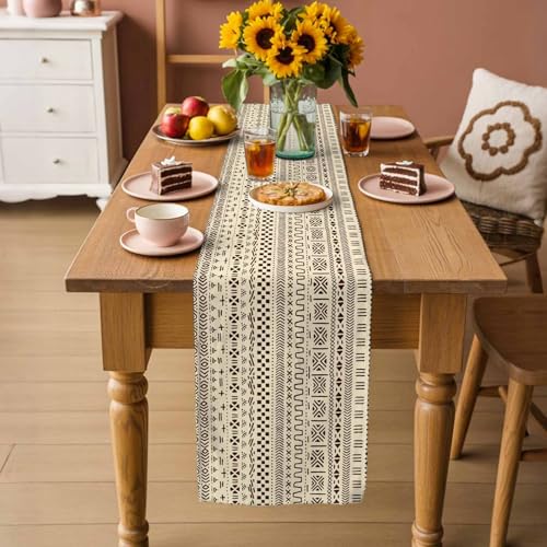 13x120 Inch Burlap Linen Table Runner with Geometric Ethnic Design - Farmhouse Decor for Dining & Parties