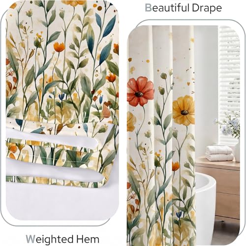 Boho Floral Shower Curtain - Vintage Beige Polyester Fabric, 72x72 Inch