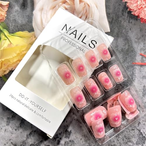Pink Floral Press on Nails Medium Square Glossy Fake Nails 24Pcs