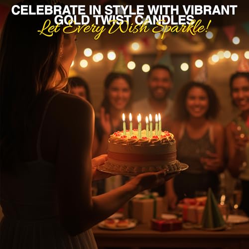 Gold Spiral Birthday Candles Set with Holders - Pack of 12
