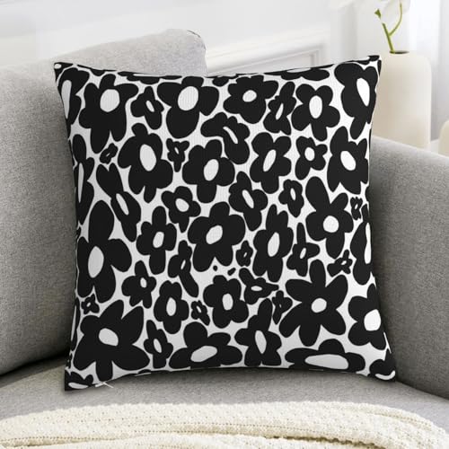 Retro 70s Black and White Flowers Throw Pillow Case – 18"x18"