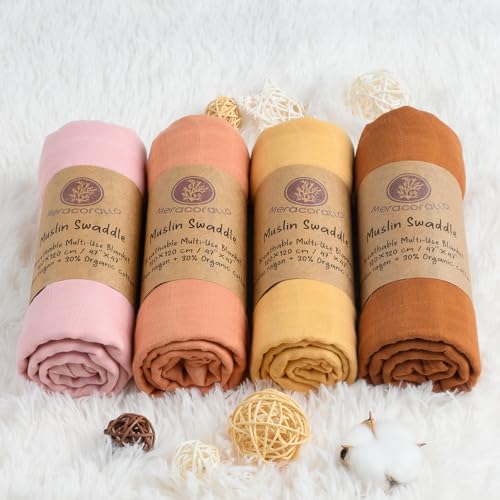 Meracorallo Muslin Swaddle Blanket - Soft Bamboo Cotton, Orange, 47x47"
