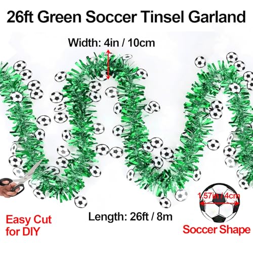 26FT Soccer Tinsel Garland with Soccer Cutouts for Party