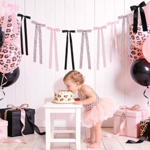 Pink and Black Cheetah Bow Garland Banner for Party Decor