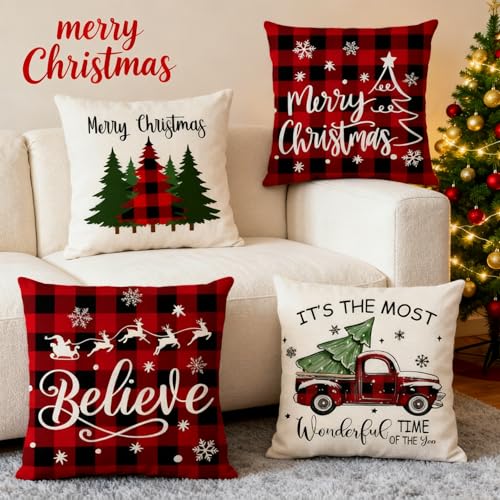Red-Black Christmas Pillow Covers, 18x18 Inch Linen Throw Pillowcase - Set of 4