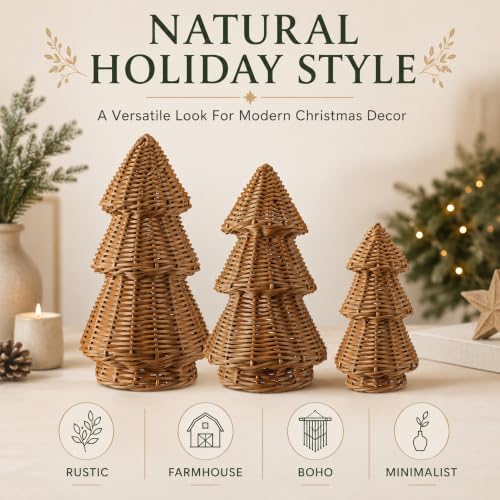 MiniInflat 3-Piece Woven Rattan Christmas Tree Decor Set Classic Weave Burlywood