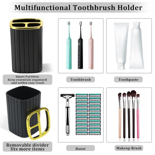 Black and Gold Bathroom Accessories Set - Soap Dispenser & Toothbrush Holder