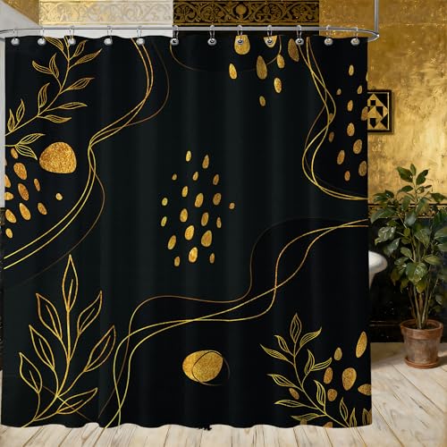 Black and Gold Waterproof Shower Curtain - Boho Mid Century Modern 70x72