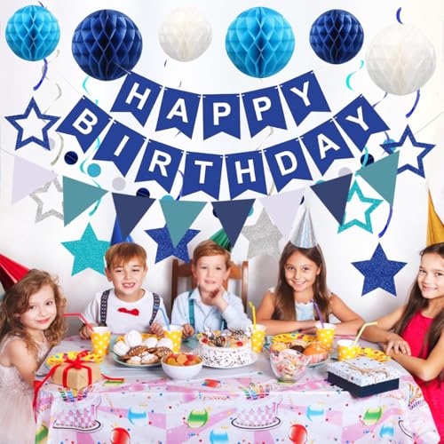 Blue Happy Birthday Decoration Set with Banner, Honeycomb Balls & Swirls