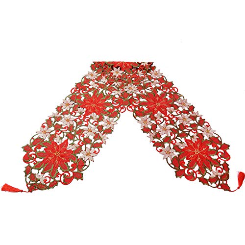 Simhomsen Christmas Poinsettia Embroidered Table Runner 13x72 Inch - Holiday Decor