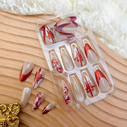 Christmas Press on Nails Almond Red French Tip False Nails