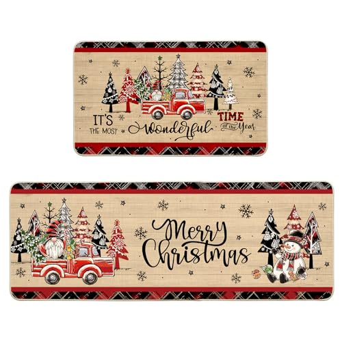 Christmas Kitchen Rugs Set of 2 Faux Wood Grain Runner Floor Mats - Holiday Decor