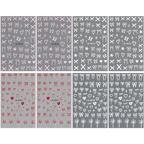JMEOWIO 8 Sheets Heart Bow Tie Nail Art Stickers Decals Pink