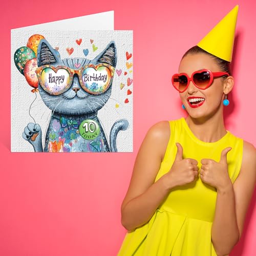 10th Birthday Card for Girls - Cute Cat Design with Balloons