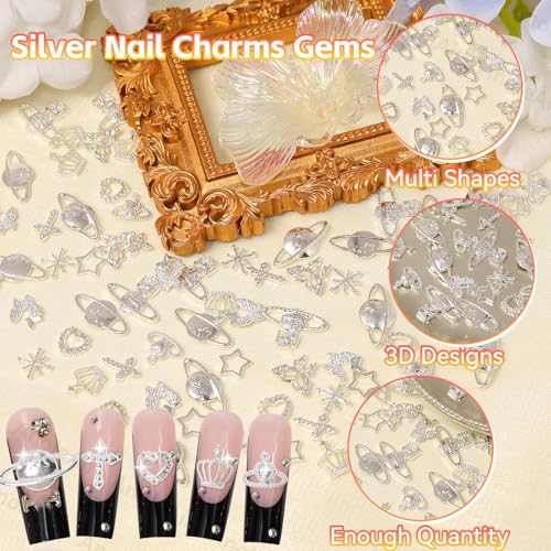 110 Pcs Silver Nail Art Charms Set - Cross, Star & Butterfly Designs