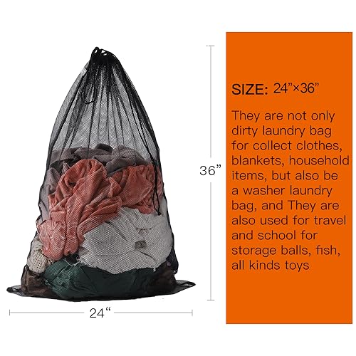 Kimmama Heavy Duty Large Mesh Laundry Bag - 24x36" Black Drawstring Pouch