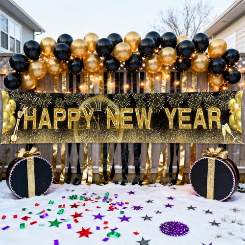 AIBIIN Happy New Year 2026 Gold Backdrop Banner 118x20 Inch Party Decor