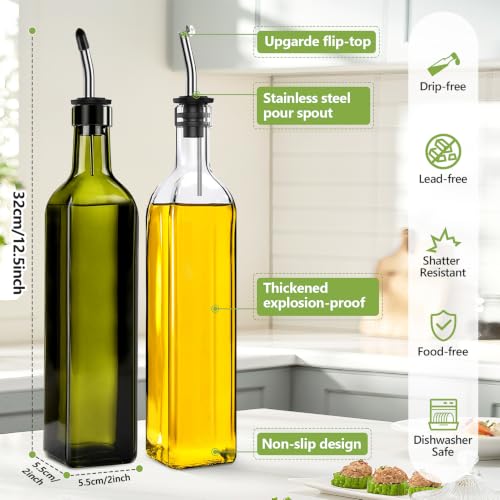 Leaflai 500ml Glass Olive Oil Dispenser Set - Transparent & Green, 2 Pack