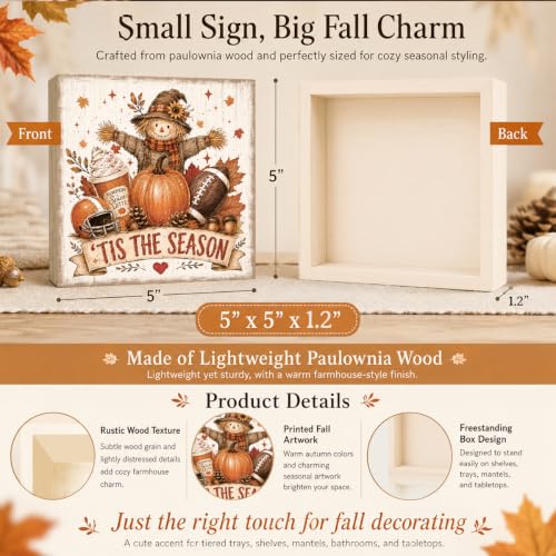 Fall Football Pumpkin Wood Sign, 5x5 Inch Autumn Shelf Decor (FALL81)