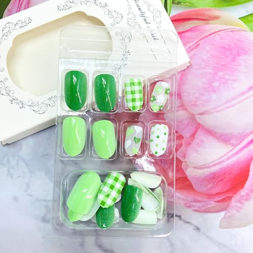Green Floral Press on Nails Medium Almond False Nails with Polka Dot