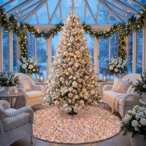 Champagne Gold Sequin Christmas Tree Skirt - 48 Inch Velvet Holiday Decor