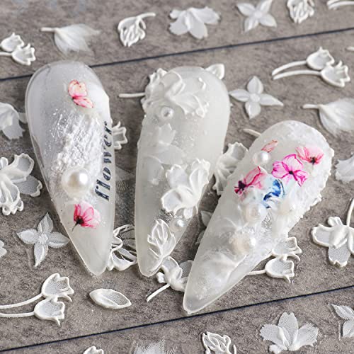 5D White Flower Nail Art Stickers Holographic Embossed Floral Decals