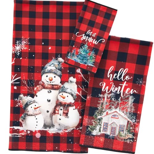 Peryiter 3 Pack Buffalo Winter Decorative Bath Towels Set - Snowman Christmas Design